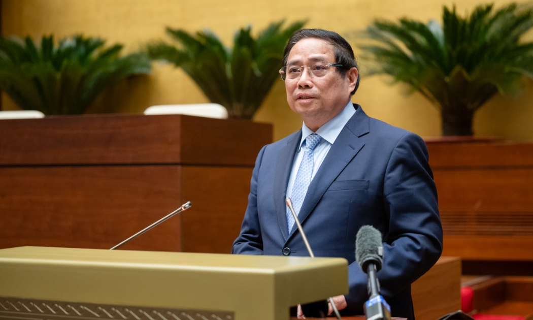 Ủy viên Bộ Chính trị, Thủ tướng Chính phủ Phạm Minh Chính truyền đạt chuyên đề tại Hội nghị. Ảnh: Quốc hội
