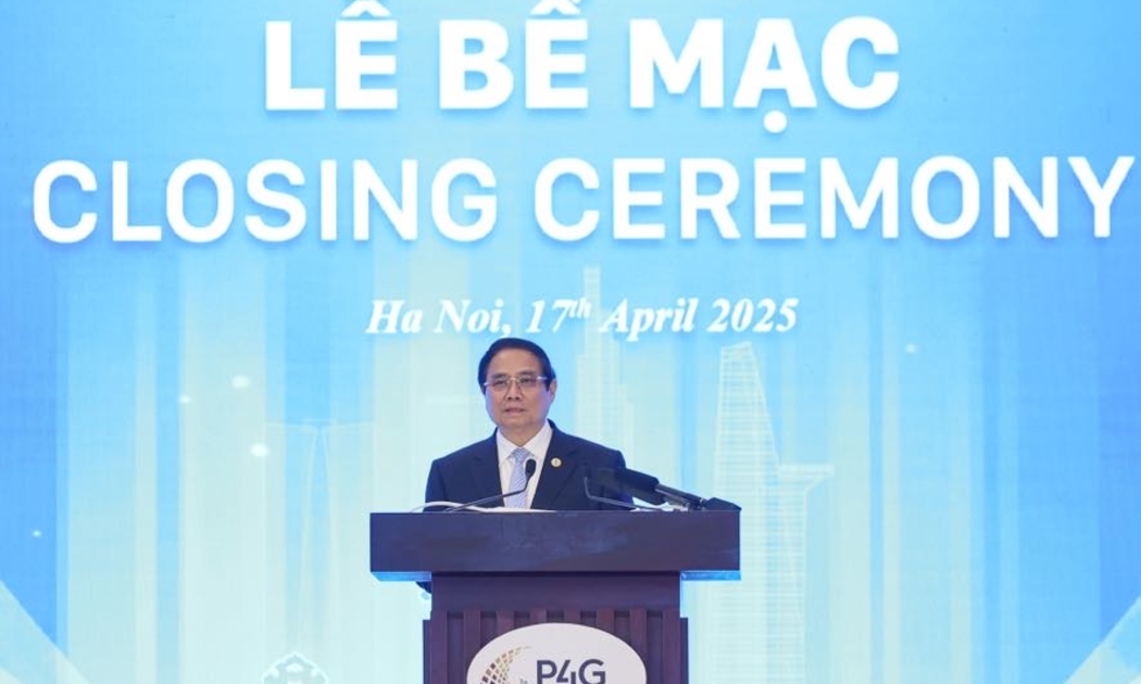 Thủ tướng Chính phủ Phạm Minh Chính phát biểu bế mạc Hội nghị Thượng đỉnh Diễn đàn Đối tác vì tăng trưởng xanh và mục tiêu toàn cầu 2030 (P4G) lần thứ 4 vào chiều ngày 17/4/2025. Nguồn: VGP.