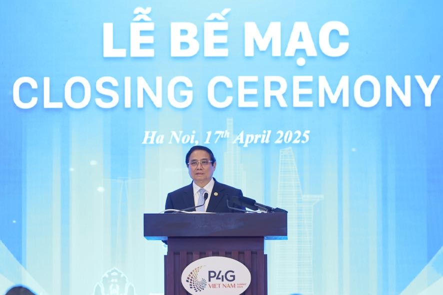 Thủ tướng Chính phủ Phạm Minh Chính phát biểu bế mạc Hội nghị Thượng đỉnh Diễn đàn Đối tác vì tăng trưởng xanh và mục tiêu toàn cầu 2030 (P4G) lần thứ 4 vào chiều ngày 17/4/2025. Nguồn: VGP.