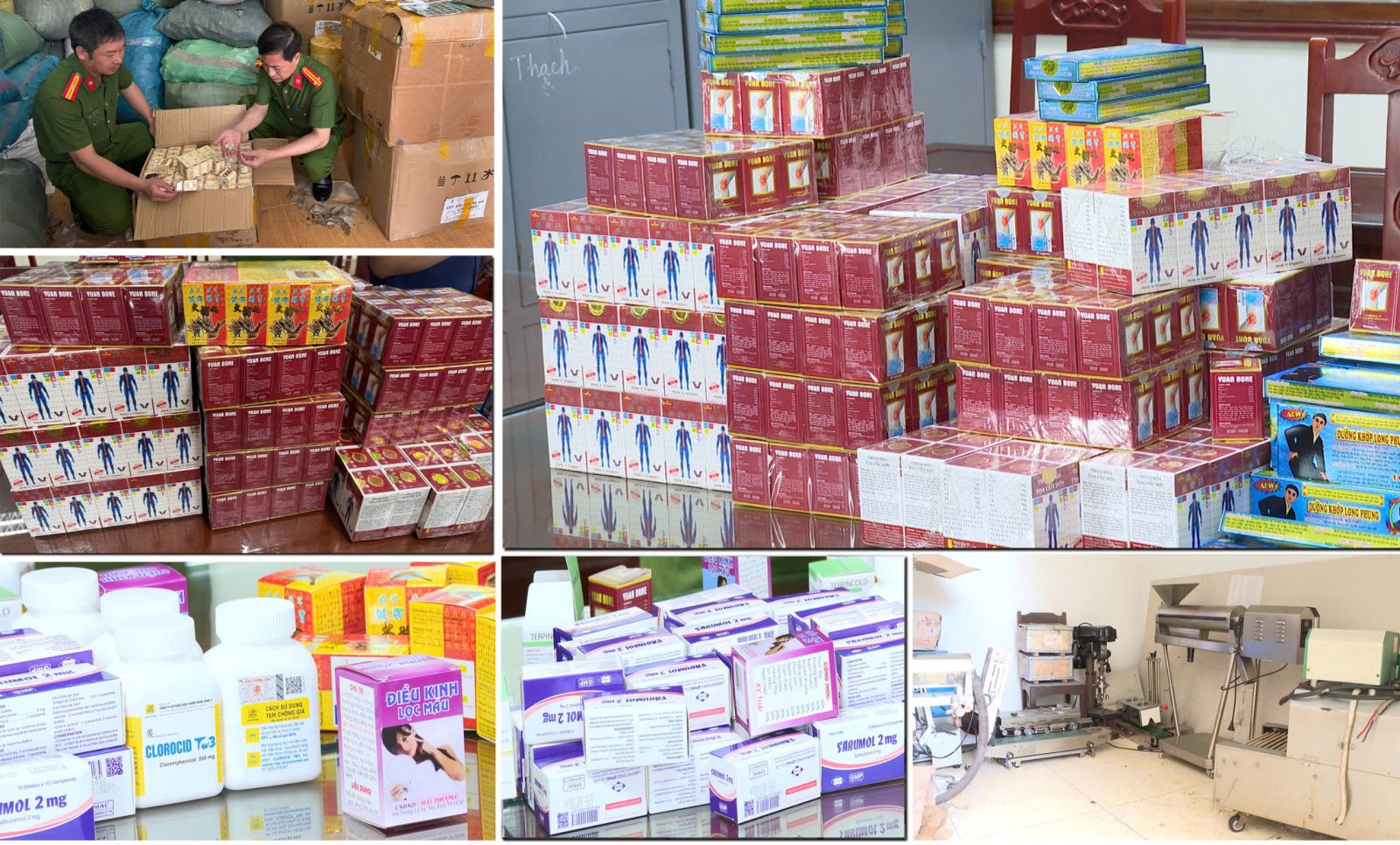 Một số loại thuốc t&acirc;n dược giả v&agrave;&nbsp;dụng cụ d&ugrave;ng để sản xuất thuốc giả bị thu giữ. Ảnh: C&ocirc;ng an tỉnh Thanh H&oacute;a.&nbsp;