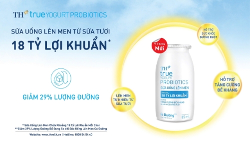 Sữa uống lên men TH true YOGURT PROBIOTICS 18 tỷ lợi khuẩn ra mắt phiên bản ít đường