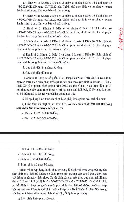 Quyết định xử phạt vi phạm quy định bảo vệ m&ocirc;i trường đối với C&ocirc;ng ty Cổ phần Việt - Ph&aacute;p sản xuất thức ăn gia s&uacute;c (Proconco).