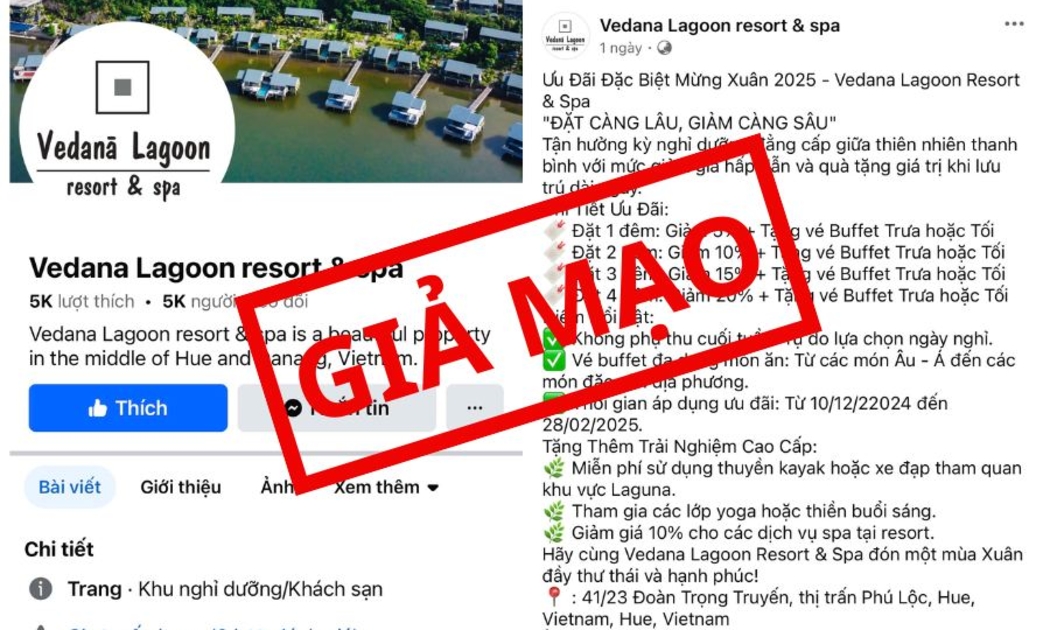 Trang fanpage Vedana Lagoon resort & spa giả mạo - Ảnh chụp màn hình.