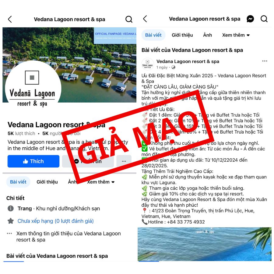 Trang fanpage Vedana Lagoon resort & spa giả mạo - Ảnh chụp màn hình.