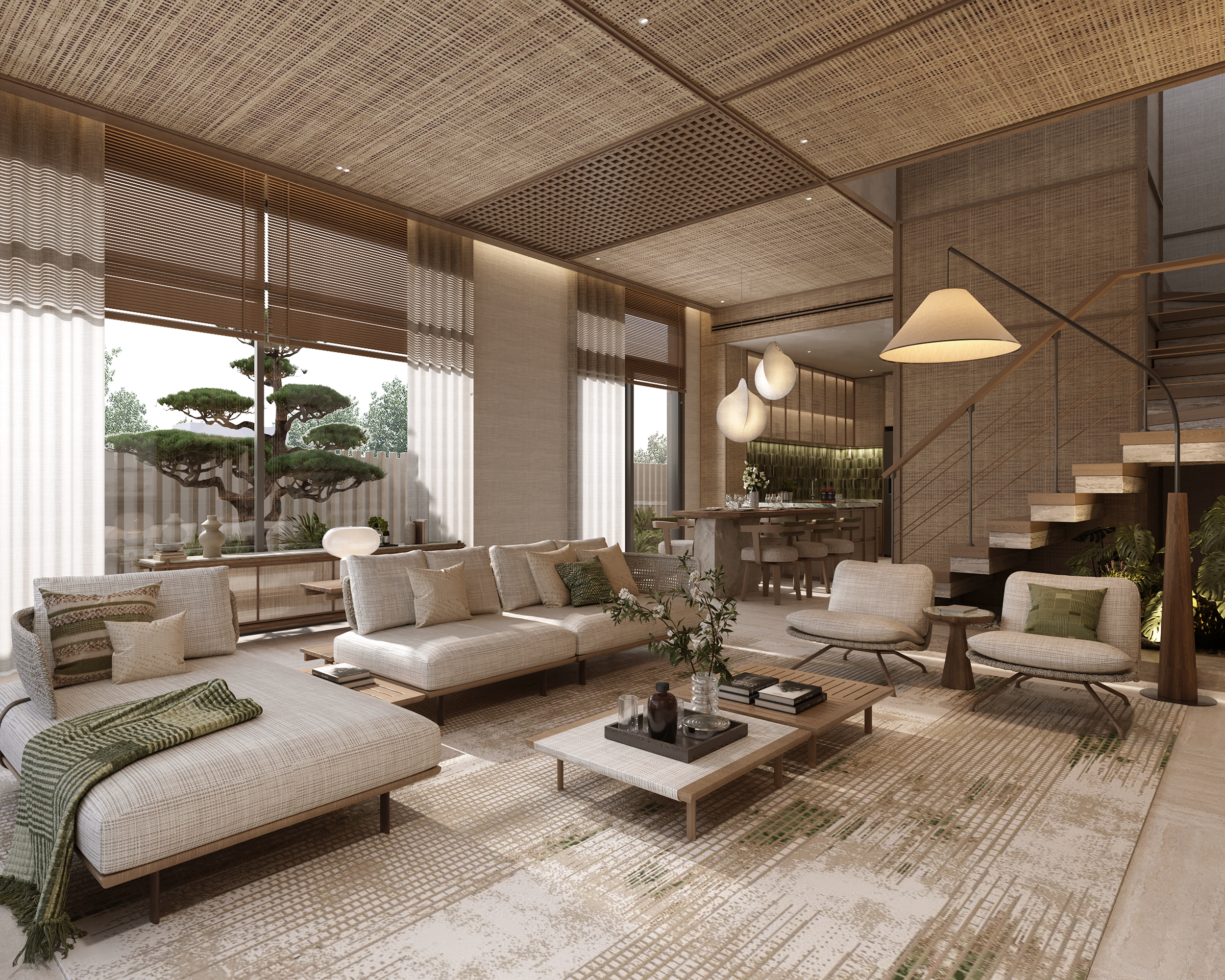 Chiếu tatami c&aacute;ch điệu, gạch đất nung v&agrave; hoa văn gốm - những dấu ấn văn h&oacute;a Nhật Bản hiện diện đầy tinh tế trong từng kh&ocirc;ng gian.