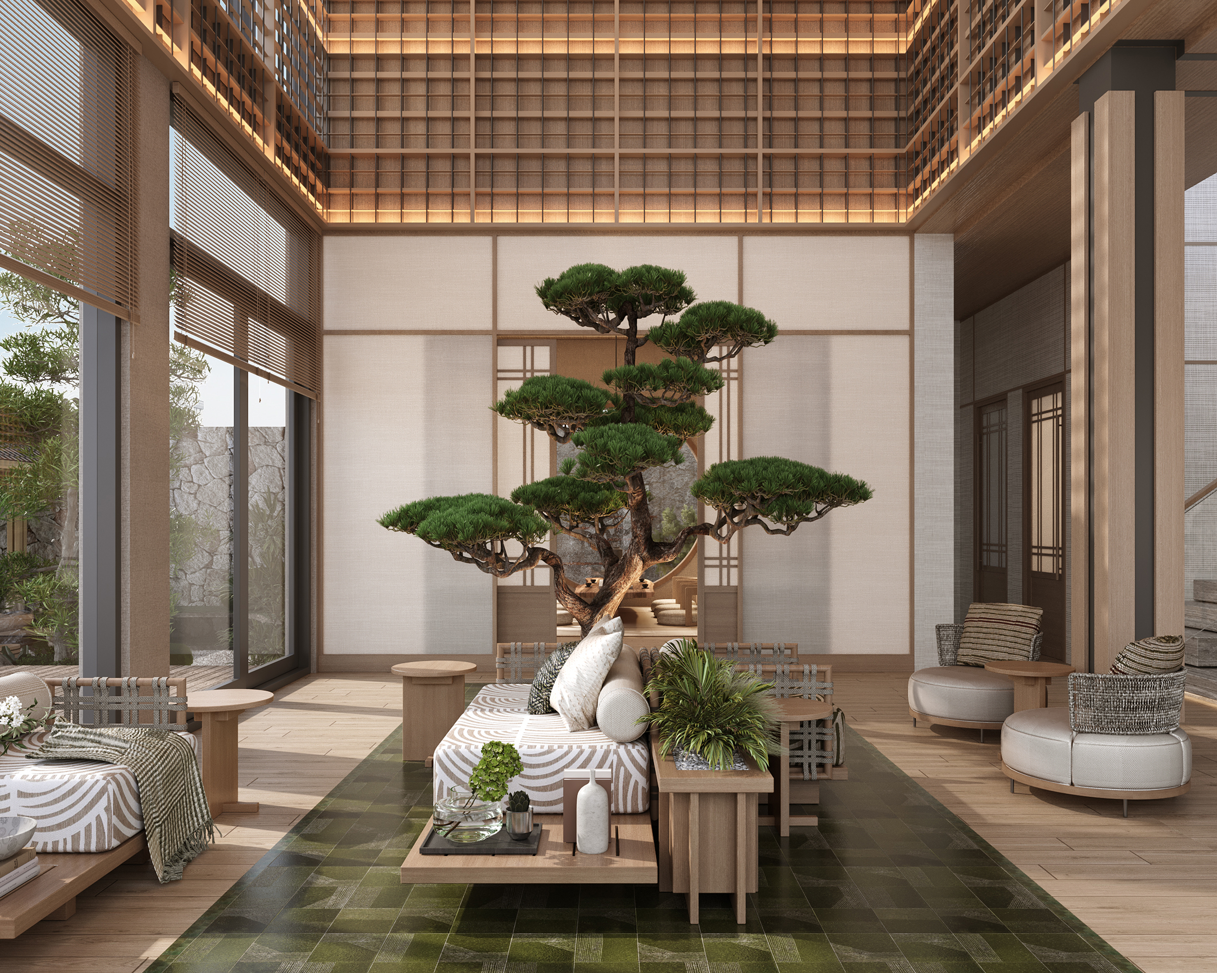 Th&ocirc;ng Yamaki - biểu tượng Nhật Bản của sự trường tồn v&agrave; kh&iacute; chất tĩnh tại, được đưa v&agrave;o kh&ocirc;ng gian sống như một t&aacute;c phẩm nghệ thuật.