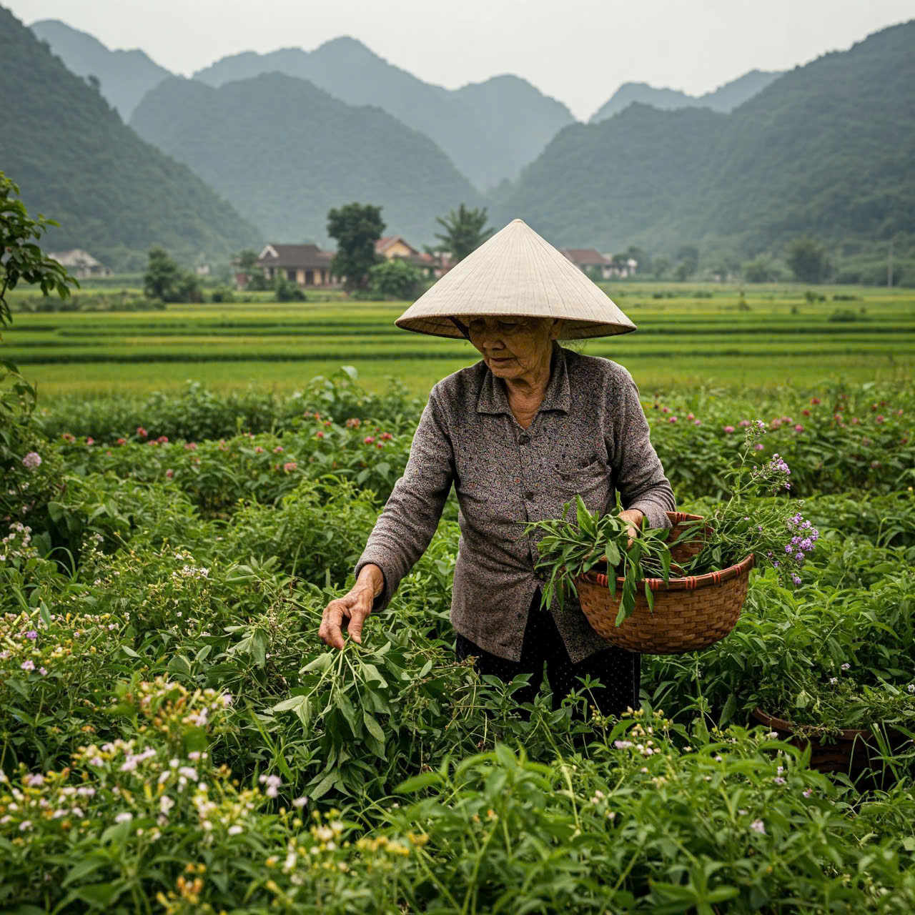 Hái thuốc trong vườn nhà