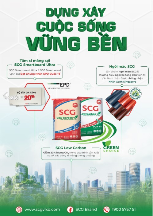 Mảng Xi măng - Vật liệu x&acirc;y dựng của SCG thực hiện giảm ph&aacute;t thải carbon với xi măng Low Carbon, bao b&igrave; th&acirc;n thiện m&ocirc;i trường, c&ugrave;ng c&aacute;c sản phẩm xanh như SCG Smartboard v&agrave; ng&oacute;i m&agrave;u, khẳng định cam kết x&acirc;y dựng bền vững.