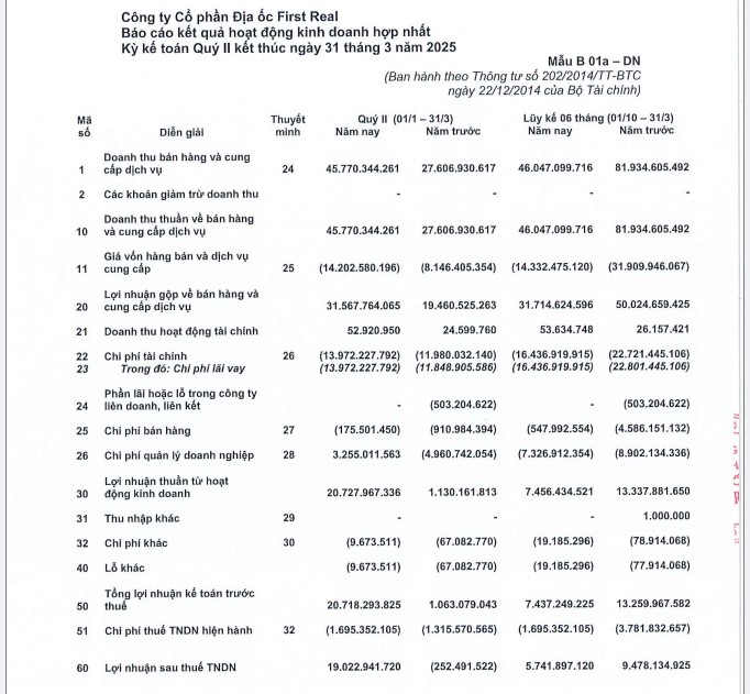 B&aacute;o c&aacute;o t&agrave;i ch&iacute;nh C&ocirc;ng ty Cổ phần Địa ốc First Real q&uacute;y 2/2025. (Ảnh chụp m&agrave;n h&igrave;nh).