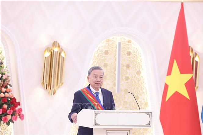 Tổng B&iacute; thư T&ocirc; L&acirc;m ph&aacute;t biểu tại lễ đ&oacute;n nhận Hu&acirc;n chương Hữu nghị hạng Nhất của Nh&agrave; nước Kazakhstan&nbsp;- Ảnh: TTXVN