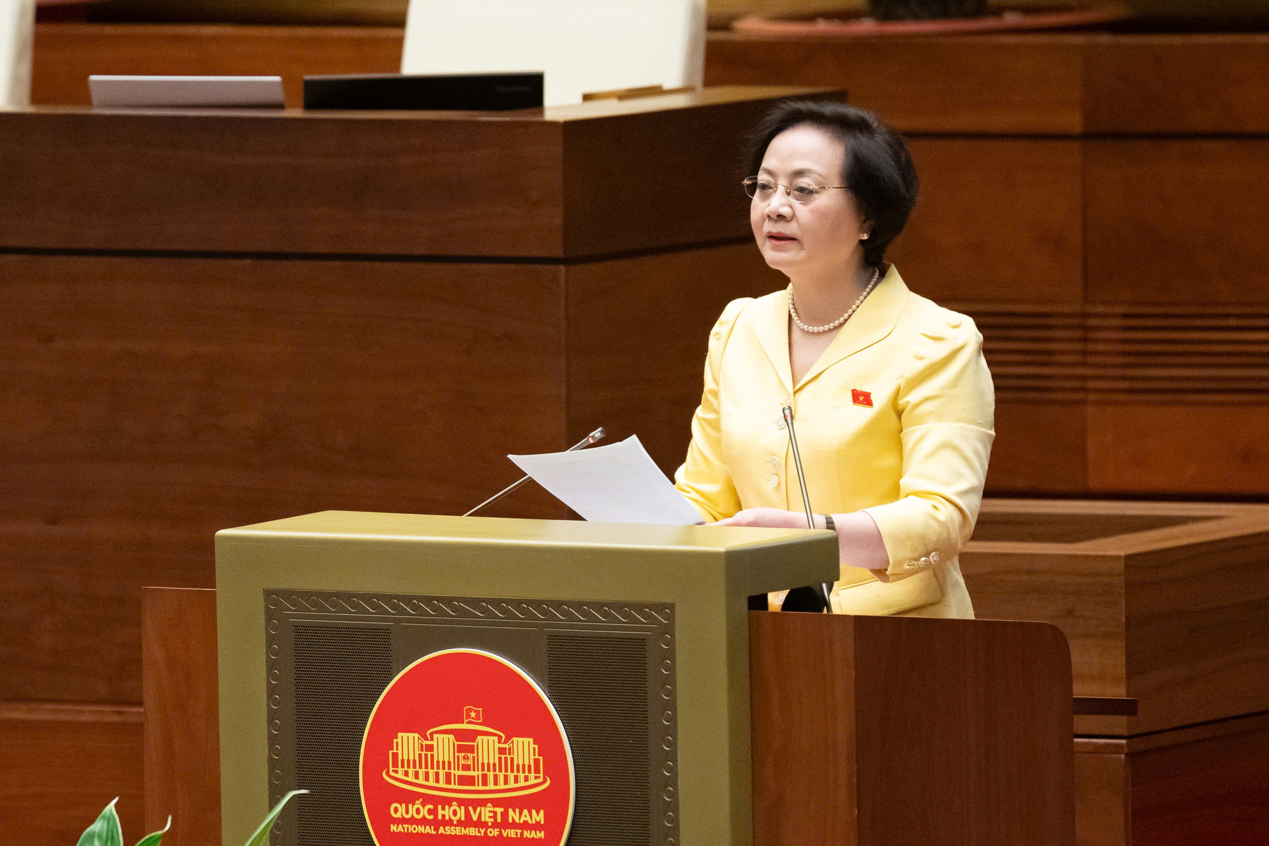 Bộ trưởng Bộ Nội vụ Phạm Thị Thanh Tr&agrave; tr&igrave;nh b&agrave;y&nbsp;Tờ tr&igrave;nh t&oacute;m tắt của Ch&iacute;nh phủ về dự &aacute;n Luật Tổ chức ch&iacute;nh quyền địa phương (sửa đổi) - Ảnh: Quochoi.vn