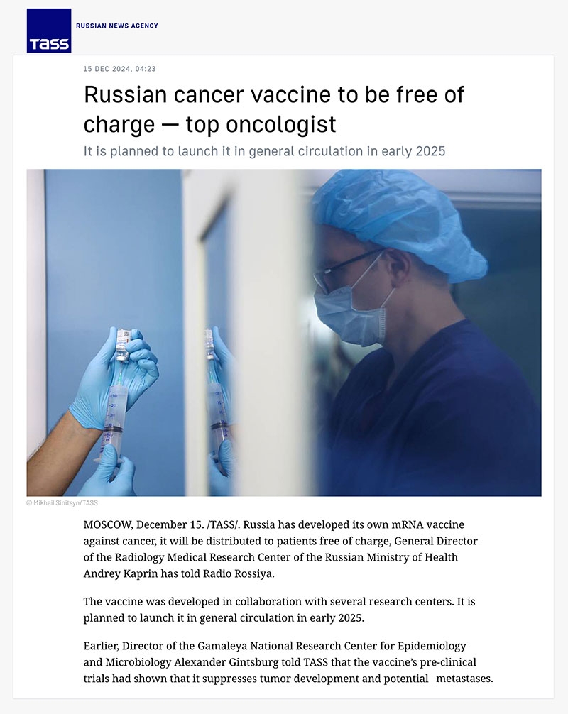 Trước đ&oacute; v&agrave;o th&aacute;ng 12/2024, Trung t&acirc;m nghi&ecirc;n cứu y học quốc gia về X-quang thuộc Bộ Y tế Nga, th&ocirc;ng b&aacute;o đang nghi&ecirc;n cứu v&agrave; ph&aacute;t triển vắc xin điều trị ung thư sử dụng c&ocirc;ng nghệ mRNA hiện đại. Ảnh: TASS