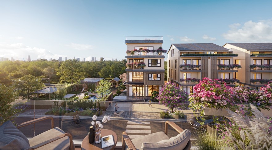 Essensia Parkway thiết kế theo cảm hứng Nhật Bản, bao quanh bởi mảng xanh đa tầng v&agrave; kh&ocirc;ng kh&iacute; trong l&agrave;nh, biểu tượng sống chuẩn Lux-Well.