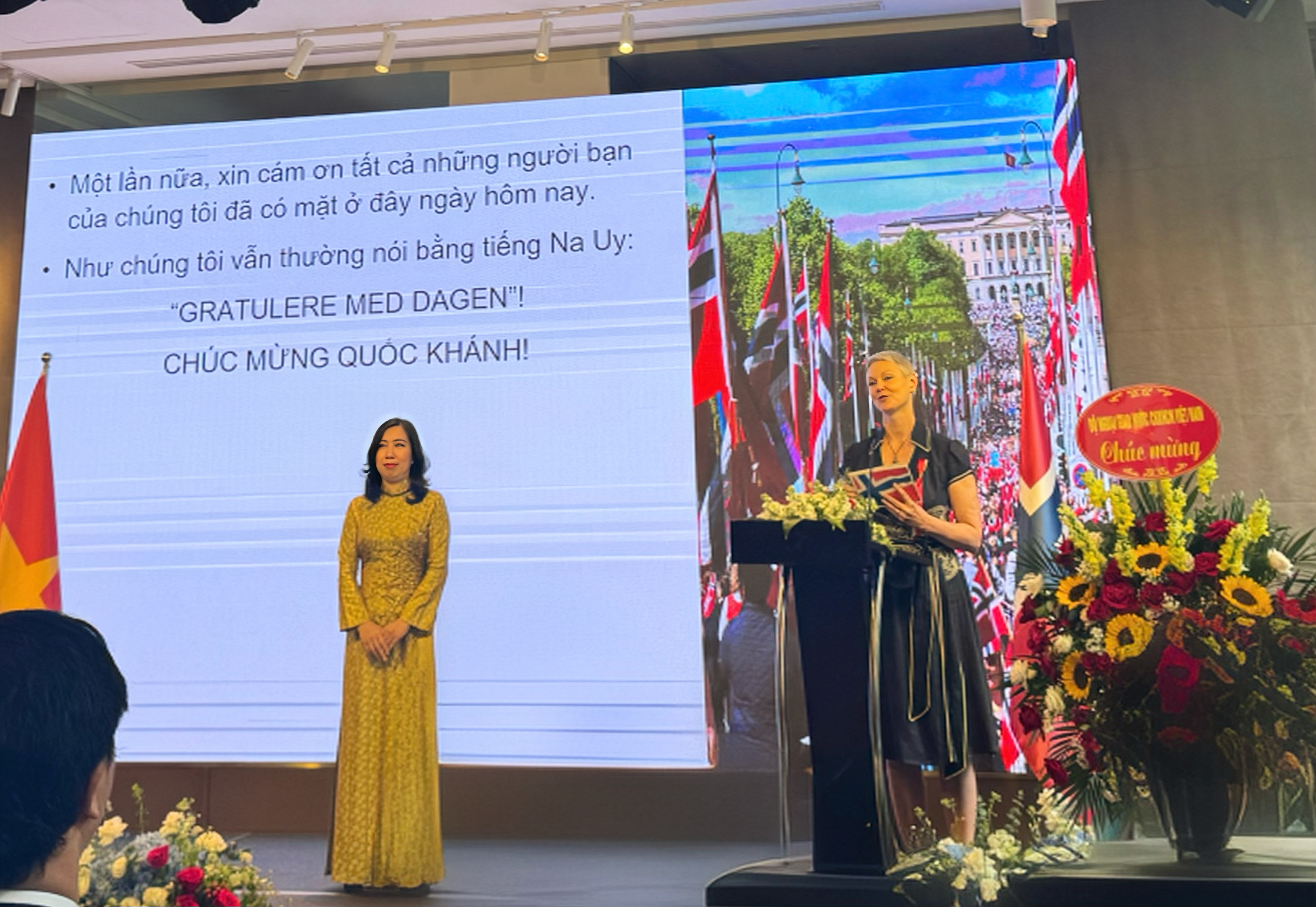 Đại sứ Na Uy tại Việt Nam Hilde Solbakken phát biểu tại lễ kỷ niệm 211 năm Quốc khánh Vương quốc Na Uy (17/5/1814 - 17/5/2025), tổ chức vào ngày 16/5 tại Hà Nội.