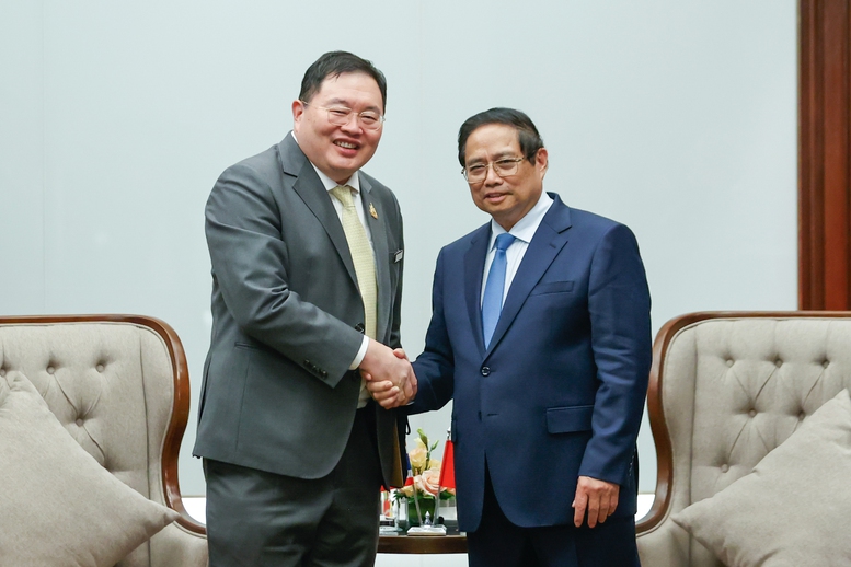 Prime Minister Pham Minh Chinh (R) receives Thammasak Sethaudom, Chairman and CEO of SCG. (Photo: VGP)