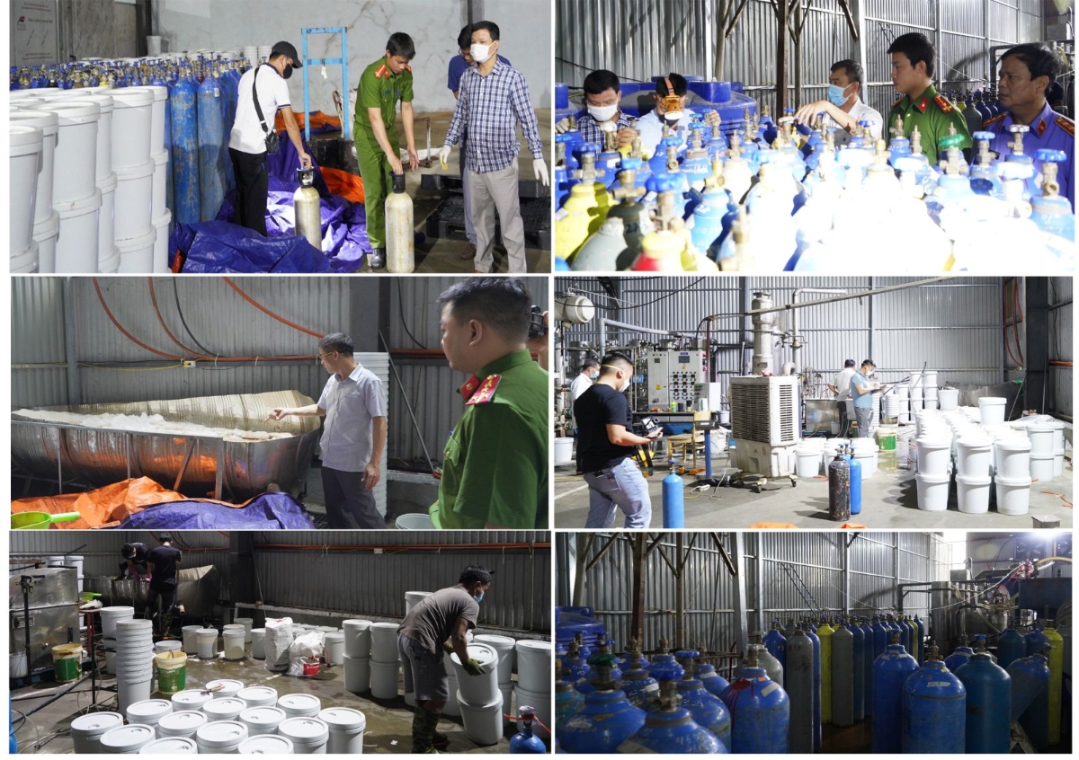 Nguyên liệu dùng để sản xuất và thành phẩm là các bình khí N2O mà các đối tượng sản xuất chuẩn bị tuồn ra thị trường. Ảnh Công an tỉnh Thanh Hoá