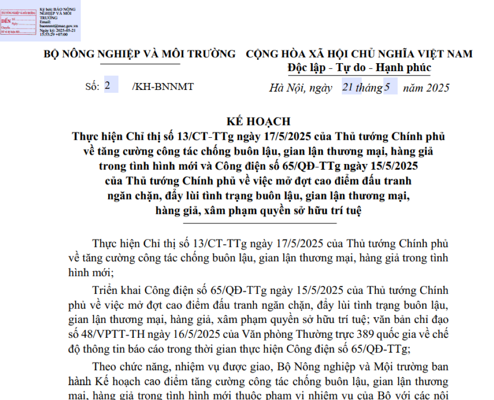 C&ocirc;ng văn của Bộ N&ocirc;ng nghiệp v&agrave; M&ocirc;i trường