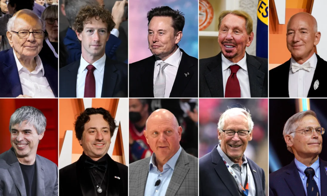 Theo chiều kim đồng hồ từ trên bên trái: Warren Buffet, Mark Zuckerberg, Elon Musk, Larry Ellison, Jeff Bezos, Jim Walton, Rob Walton, Steve Ballmer, Sergey Brin, Larry Page. Đây là 10 tỷ phú giàu nhất tại Mỹ - Ảnh: Getty Images/Reuters/USA Today Sports