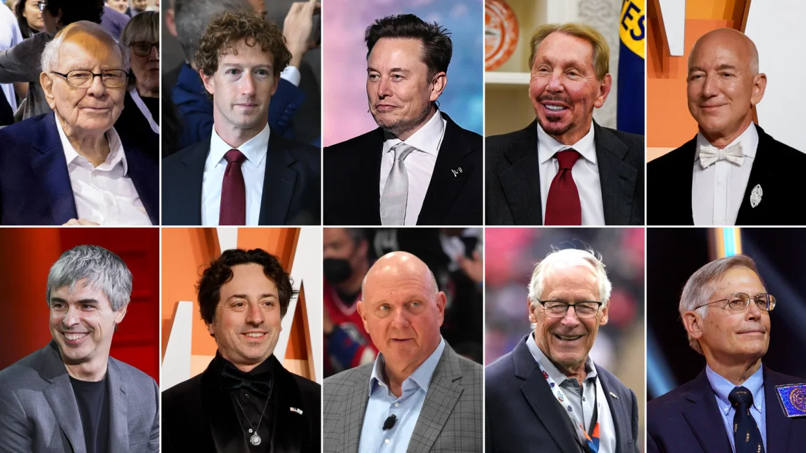 Theo chiều kim đồng hồ từ trên bên trái: Warren Buffet, Mark Zuckerberg, Elon Musk, Larry Ellison, Jeff Bezos, Jim Walton, Rob Walton, Steve Ballmer, Sergey Brin, Larry Page. Đây là 10 tỷ phú giàu nhất tại Mỹ - Ảnh: Getty Images/Reuters/USA Today Sports