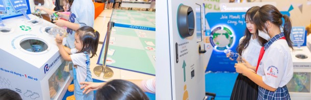 Các em tham gia hoạt động xử lý chai và trải nghiệm máy tái sinh chai nhựa tại AEON Mall Bình Tân.