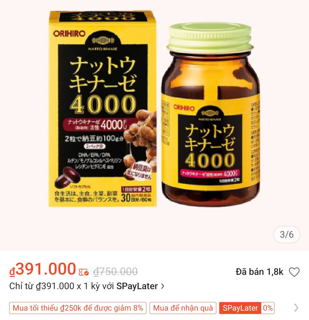 Sản phẩm thực phẩm bảo vệ sức khỏe Natto Kinase 4000fu được bán bên sàn thương mại điện tử Shopee. Ảnh chụp màn hình.