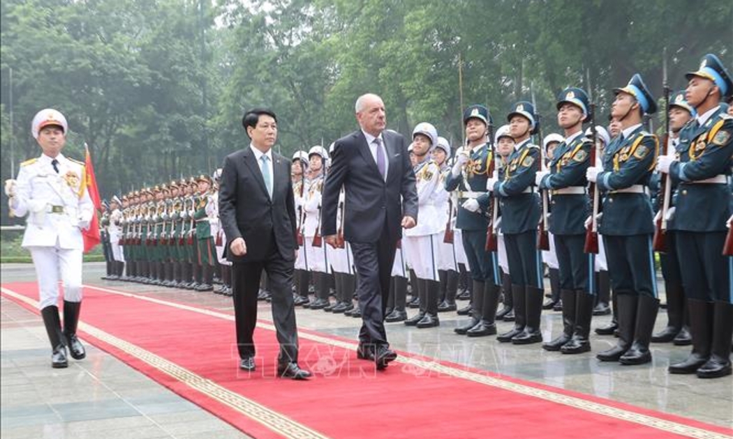 Chủ tịch nước Lương Cường và Tổng thống Hungary Sulyok Tamas duyệt Đội danh dự Quân đội nhân dân Việt Nam - Ảnh: TTXVN