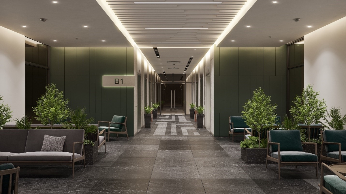 Sảnh đ&oacute;n tầng hầm Sky Retreat với 9 thang m&aacute;y.