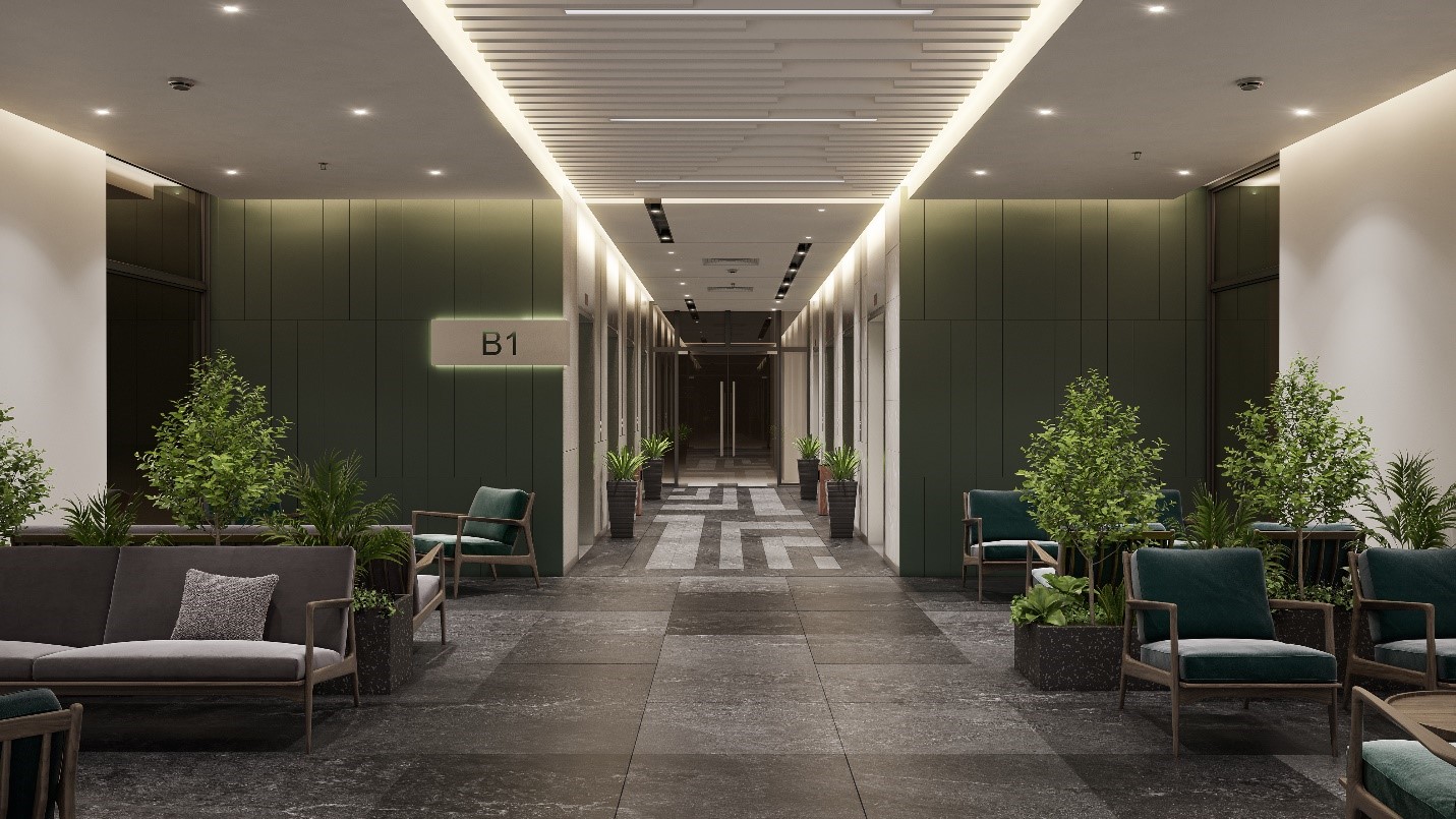 Sảnh đón tầng hầm Sky Retreat với 9 thang máy.