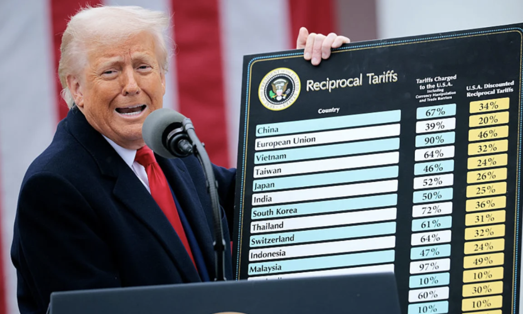 Tổng thống Mỹ Donald Trump công bố thuế quan đối ứng hom 2/4 - Ảnh: Getty/CNBC.
