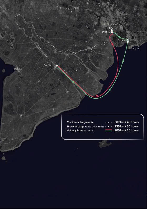 Qu&atilde;ng đường di chuyển của tuyến Mekong Express.