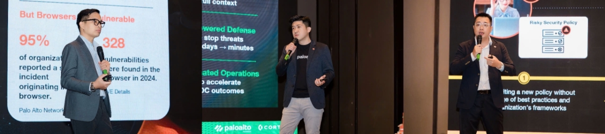 Từ tr&aacute;i qua phải, &ocirc;ng Nguyễn Th&aacute;i B&igrave;nh - &ocirc;ng Đỗ Nhật T&acirc;n - &ocirc;ng Phạm Đ&igrave;nh Th&ocirc;ng &ndash; Chuy&ecirc;n gia tư vấn an ninh mạng - Palo Alto Networks Việt Nam chia sẻ tại sự kiện. Nguồn ảnh: Elite JSC.