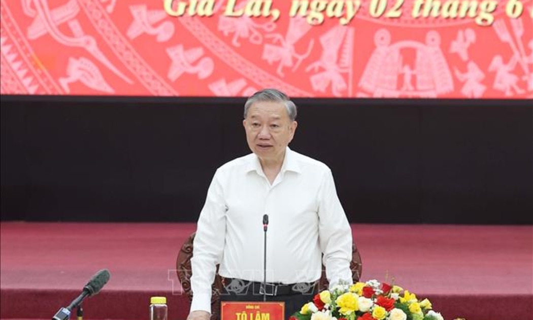 Tổng Bí thư Tô Lâm: Sau hợp nhất, tỉnh Gia Lai (mới) không chỉ lớn về quy mô mà còn mạnh về năng lực cạnh tranh. Ảnh: TTXVN