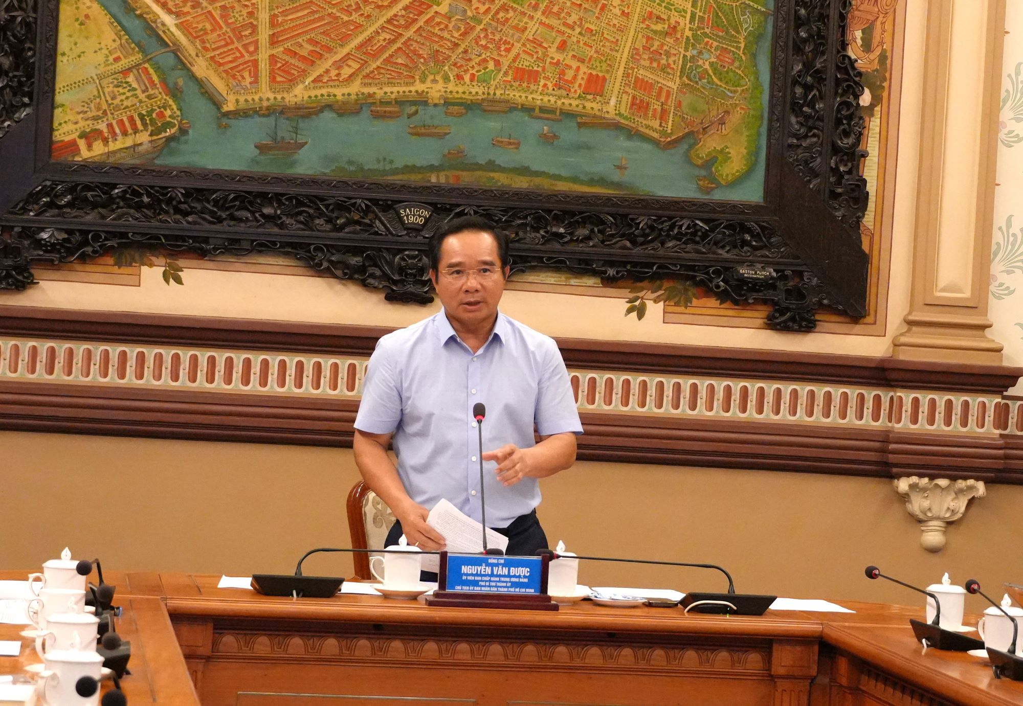 Chủ tịch Ủy ban nh&acirc;n d&acirc;n Th&agrave;nh phố Nguyễn Văn Được ph&aacute;t biểu tại điểm cầu TP.HCM - Nguồn: Cổng th&ocirc;ng tin điện tử TP.HCM.