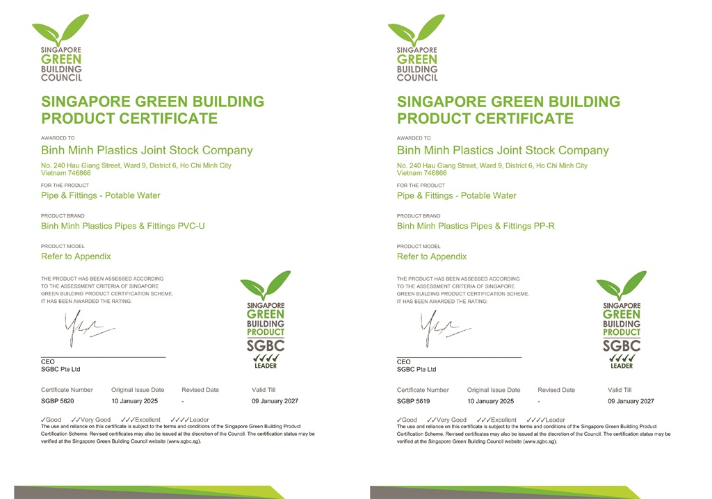 Nhựa Bình Minh đạt chứng nhận Sản phẩm Xanh Singapore (SGBP) ở mức cao nhất - Dẫn đầu (4 Ticks - Leader) cho sản phẩm PVC-U và PP-R.
