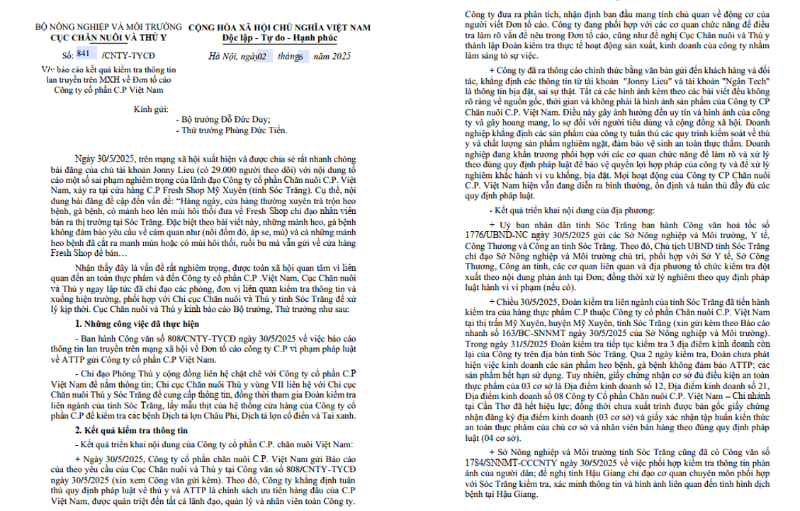 C&ocirc;ng văn số&nbsp;841/CNTY-TYCĐ&nbsp; của Cục Chăn nu&ocirc;i v&agrave; Th&uacute; y (Bộ N&ocirc;ng nghiệp v&agrave; M&ocirc;i trường).