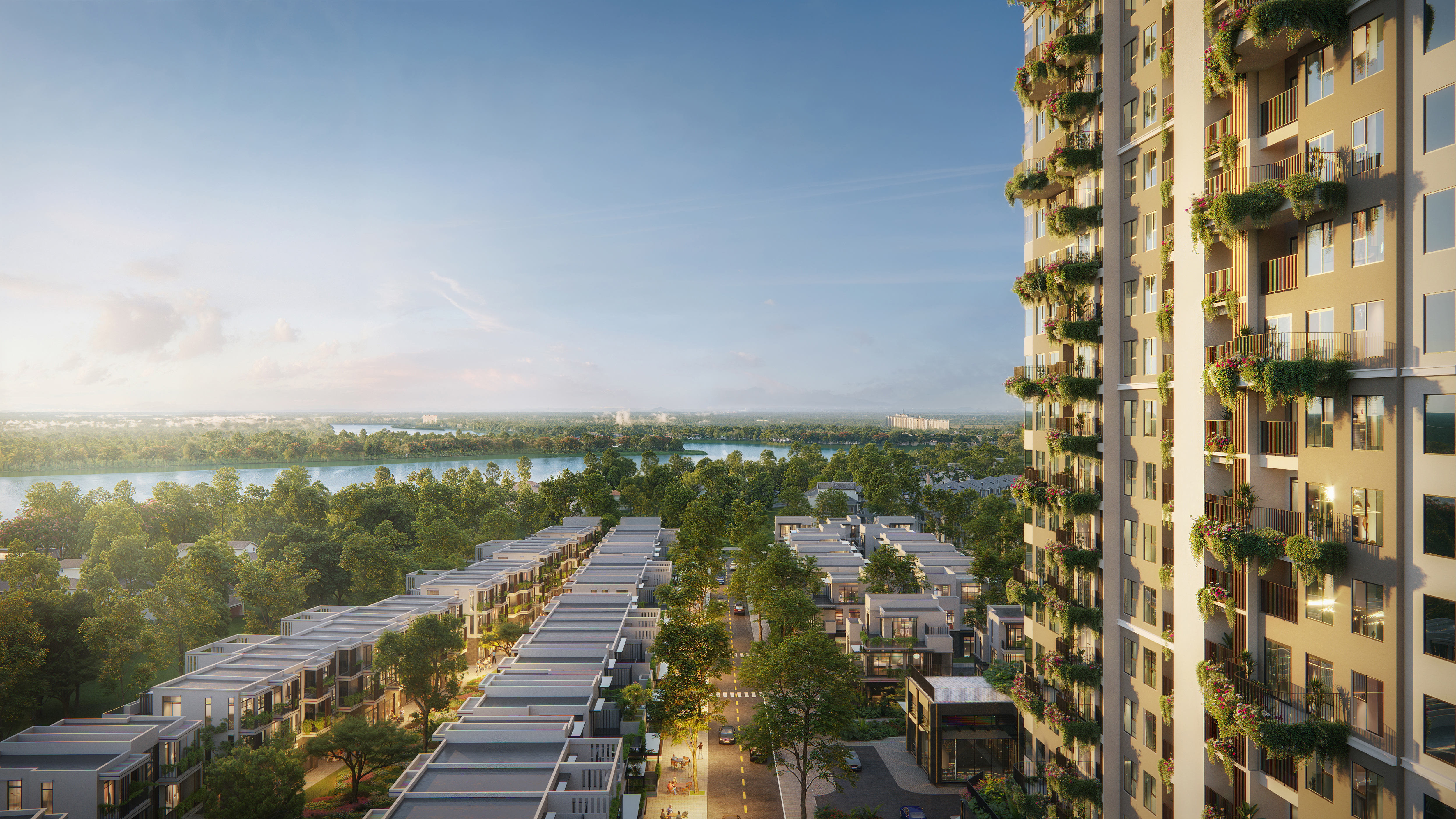 Một góc tổ hợp bất động sản cộng hưởng Sky Retreat với 221 sản phẩm thấp tầng xunh quanh khối đế.