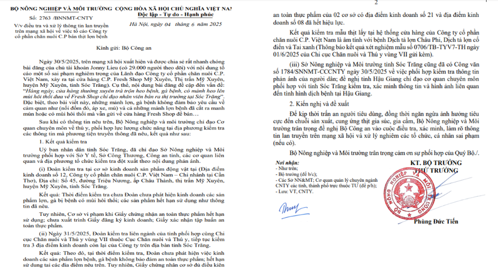 Công văn Số: 2763/BNNMT-CNTY gửi đến Bộ Công an.