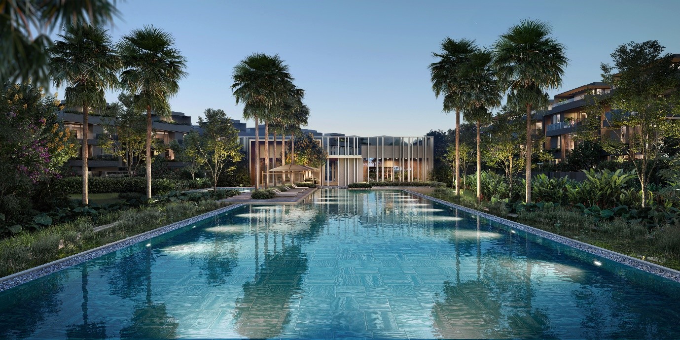 Hồ bơi d&agrave;i 50m nằm trong khu&ocirc;n vi&ecirc;n Clubhouse, mang đến kh&ocirc;ng gian thư gi&atilde;n l&yacute; tưởng giữa thi&ecirc;n nhi&ecirc;n xanh m&aacute;t.