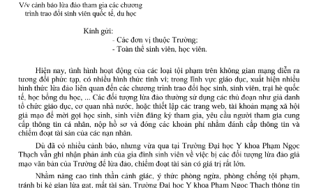 Trường Đại học Y khoa Phạm Ngọc Thạch cảnh báo lừa đảo tham gia các chương trình trao đổi sinh viên quốc tế, du học.