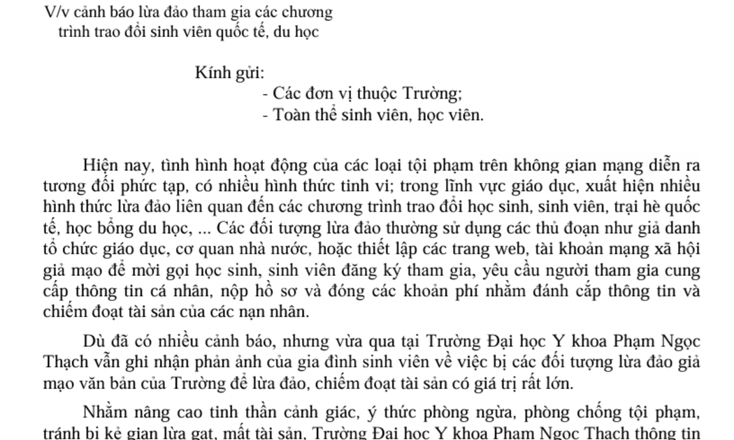 Trường Đại học Y khoa Phạm Ngọc Thạch cảnh báo lừa đảo tham gia các chương trình trao đổi sinh viên quốc tế, du học.
