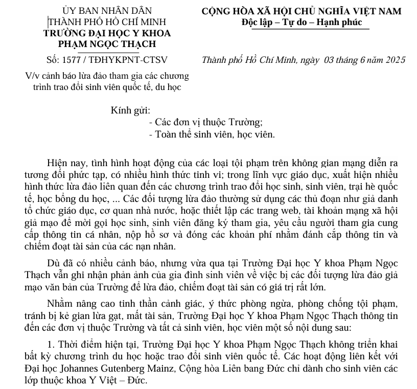 Trường Đại học Y khoa Phạm Ngọc Thạch cảnh báo lừa đảo tham gia các chương trình trao đổi sinh viên quốc tế, du học.