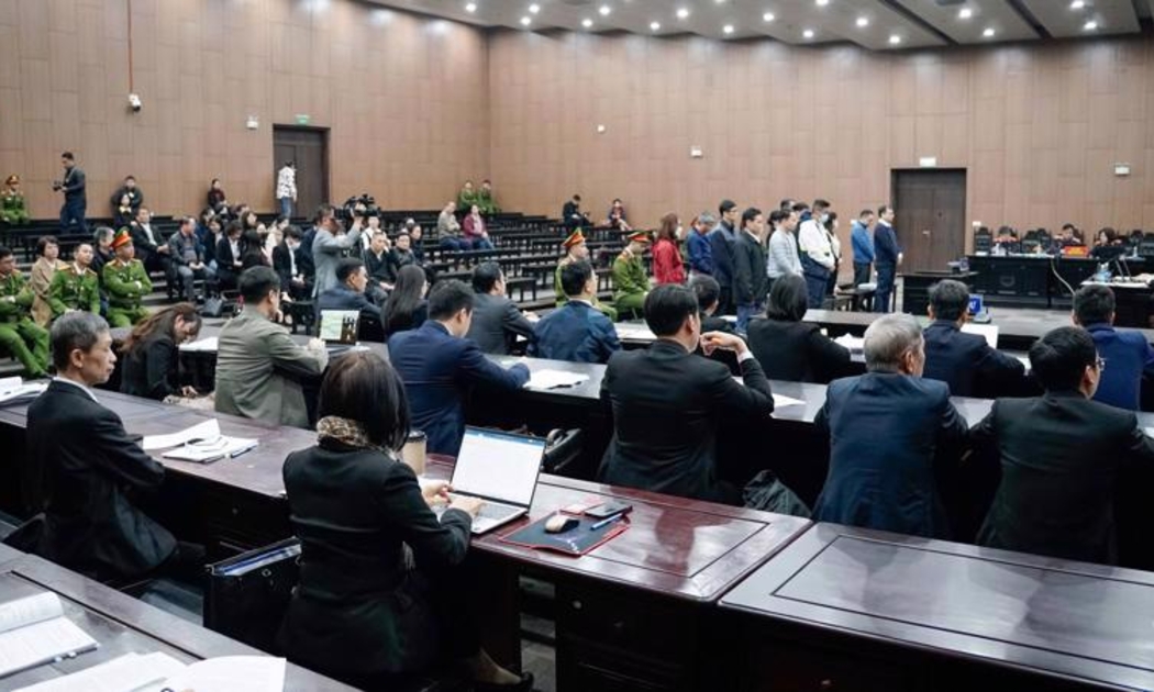 Các bị cáo tại phiên tòa sơ thẩm.