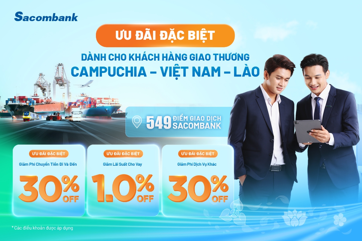 Khách hàng được giảm đến 30% phí chuyển tiền đi và đến giữa ba nước Campuchia - Việt Nam - Lào qua mạng lưới Sacombank từ nay đến hết năm 2025.