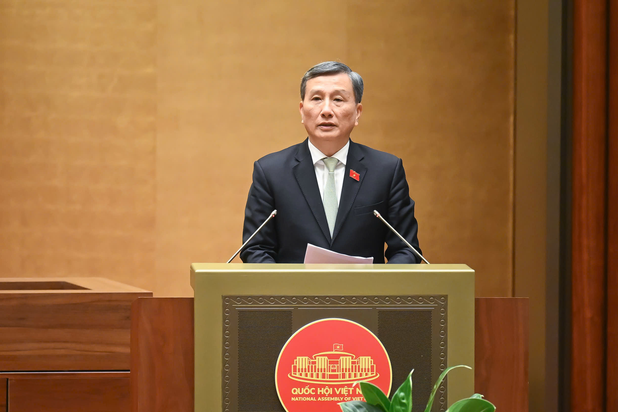 Chủ nhiệm Ủy ban Khoa học, C&ocirc;ng nghệ v&agrave; M&ocirc;i trường của Quốc hội L&ecirc; Quang Huy tr&igrave;nh b&agrave;y b&aacute;o c&aacute;o thẩm tra. Ảnh: Media Quốc hội.