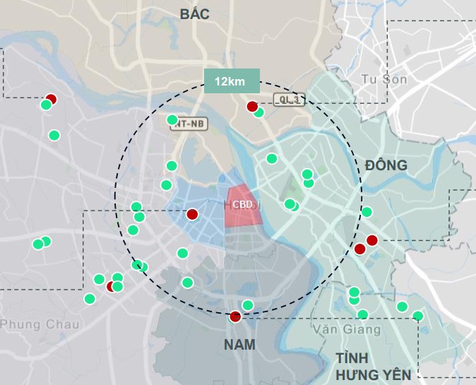Theo nghiên cứu CBRE về bất động sản nhà ở Hà Nội quý 1/2025 và dự đoán cho quý 2/2025, nguồn cung mới phía Nam cải thiện chưa đáng kể (Màu đỏ: nguồn cung mới quý 1, màu xanh: nguồn cung mới dự kiến quý 2).