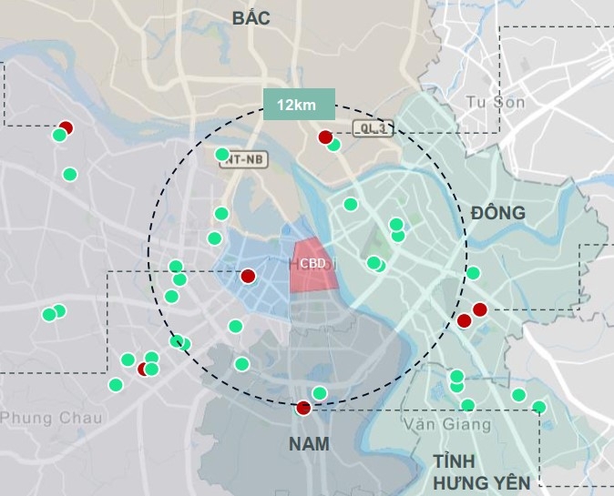 Theo nghi&ecirc;n cứu CBRE v&ecirc;̀ bất động sản nhà ở Hà N&ocirc;̣i qu&yacute; 1/2025 và dự đoán cho qu&yacute; 2/2025, ngu&ocirc;̀n cung mới phía Nam cải thi&ecirc;̣n chưa đáng k&ecirc;̉ (Màu đỏ: ngu&ocirc;̀n cung mới qu&yacute; 1, màu xanh: ngu&ocirc;̀n cung mới dự ki&ecirc;́n qu&yacute; 2).