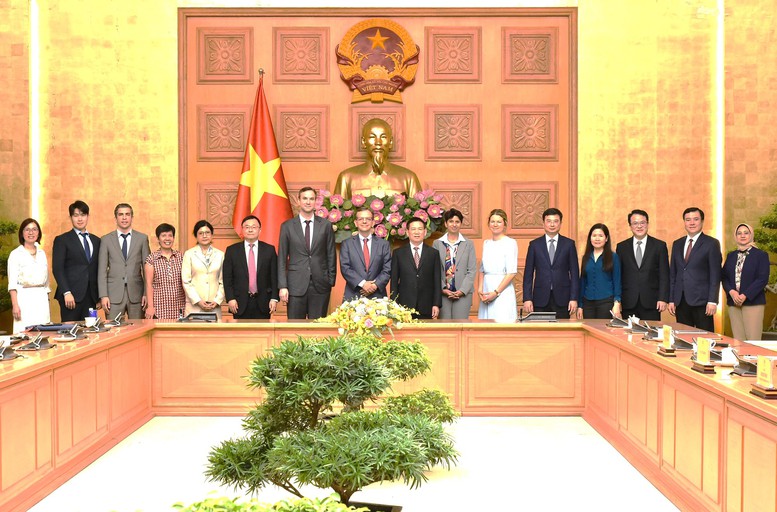 Đoàn cán bộ của Quỹ Tiền tệ Quốc tế (IMF) tại buổi làm việc với Phó Thủ tướng Chính phủ Hồ Đức Phớc vào ngày 24/6. Ảnh: VGP