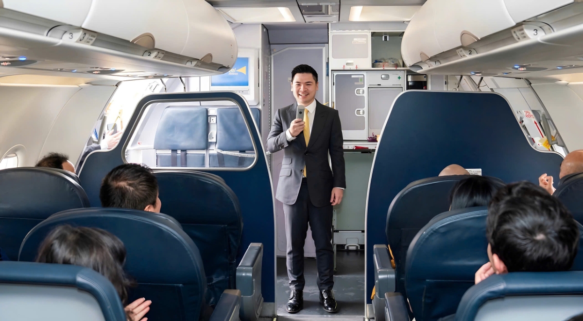 &Ocirc;ng Đỗ Vinh Quang, Chủ tịch Vietravel Airlines ph&aacute;t biểu tr&ecirc;n chiếc m&aacute;y bay sở hữu ri&ecirc;ng đầu ti&ecirc;n của h&atilde;ng.