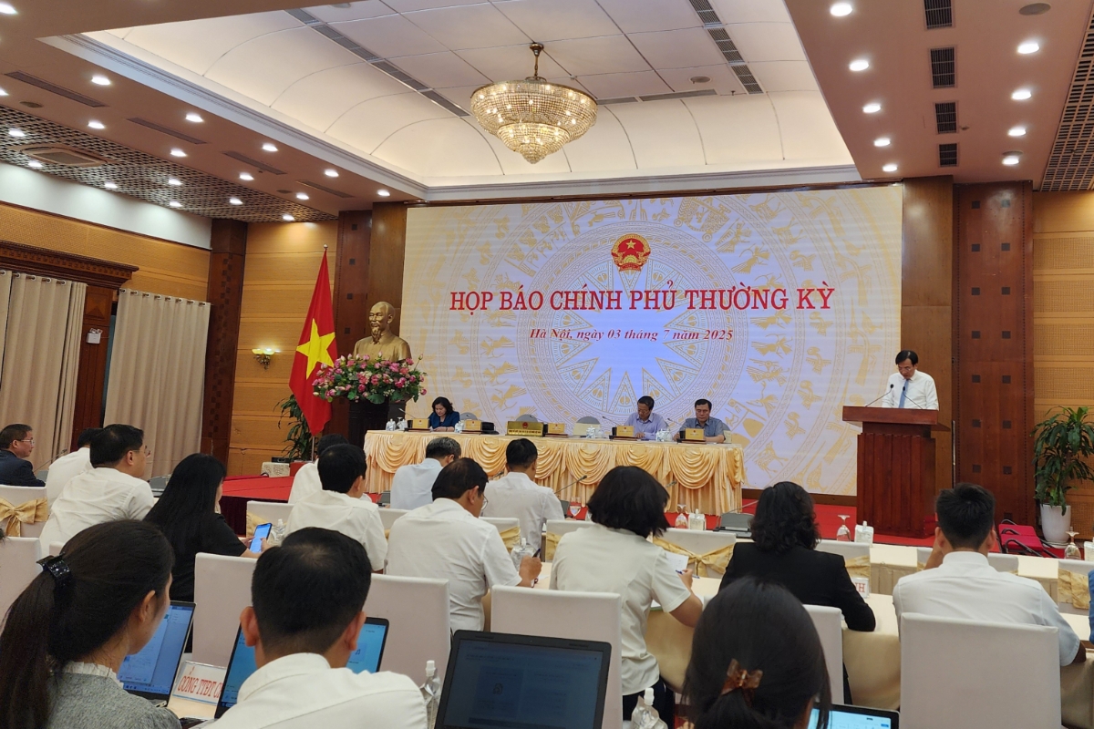 Toàn cảnh buổi họp báo thường kỳ Chính phủ tháng 6/2025.