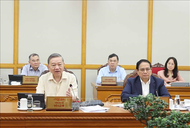 Tổng Bí thư Tô Lâm, Thủ tướng Phạm Minh Chính và các đại biểu dự hội nghị. Ảnh: TTXVN